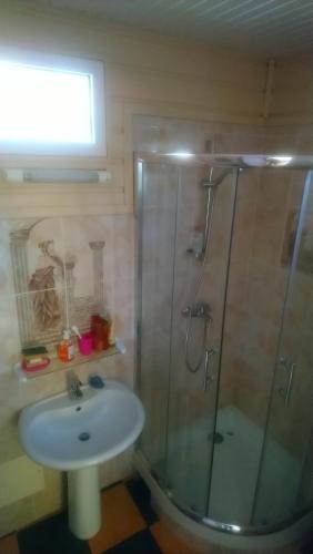 a bathroom with a glass shower and a sink at Zénitude Bungalow in Le Lorrain