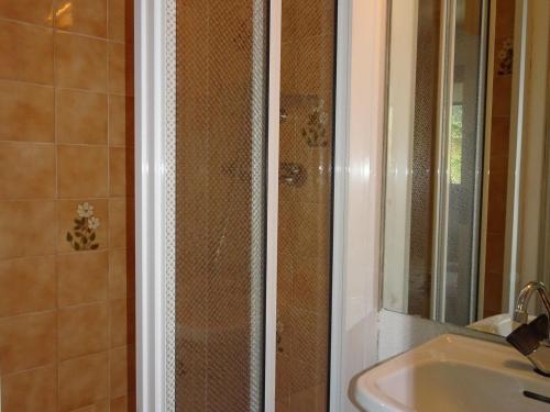 プラローニャン・ラ・ヴァノワーズにあるAppartement Pralognan-la-Vanoise, 2 pièces, 4 personnes - FR-1-464-104のシャワー(洗面台の隣にガラスドア付)