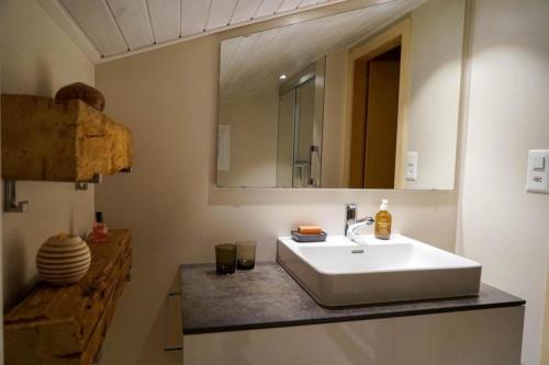 La salle de bains est pourvue d'un lavabo blanc et d'un miroir. dans l'établissement 4-Bett- Ferienwohnung Brachli, à Innertkirchen