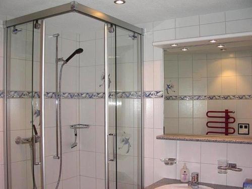 La salle de bains est pourvue d'une douche, d'un lavabo et d'un miroir. dans l'établissement Adler 2 Bett Wohnung, à Grindelwald