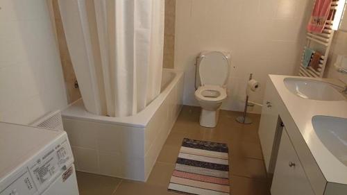 a small bathroom with a toilet and a sink at Ferien in der Vogelherd in Wolfhalden 