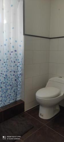 a bathroom with a toilet and a glass shower at Nube Austral Patagonia in Cochrane