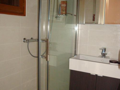 une salle de bain avec douche et lavabo dans l'établissement Studio mezzanine, terrasse sud, proche commerces et télécabine à Champagny-en-Vanoise - FR-1-464-17, à Champagny-en-Vanoise