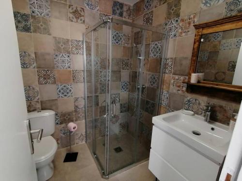 y baño con ducha, aseo y lavamanos. en L'Affacatoghju - Grand studio au village (2p), en Tavera