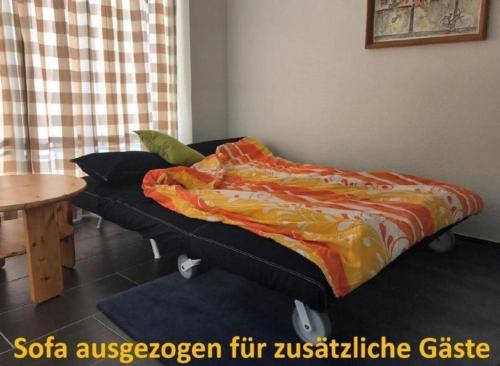 a bed with a blanket on top of it in a room at Studio Ruben 2-Bett Wohnung in Meiringen