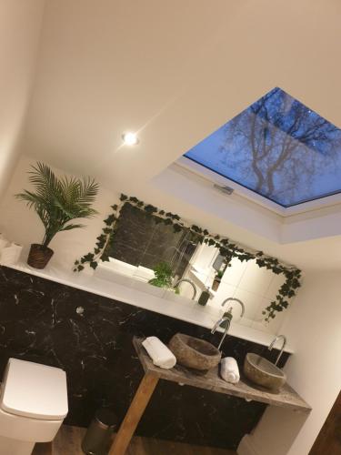 a bathroom with a sink and a window and a toilet at Dora Cottage in Formby