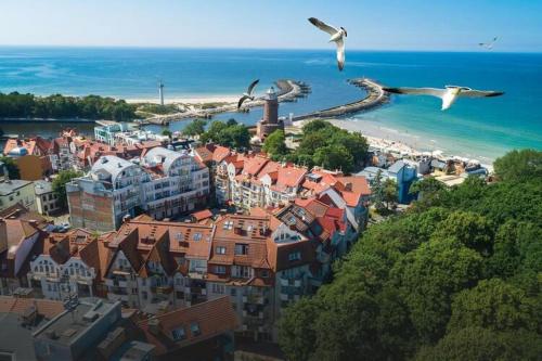 a group of birds flying over a city with a beach at Comfortable holiday home on a private property Kolobrzeg in Kołobrzeg