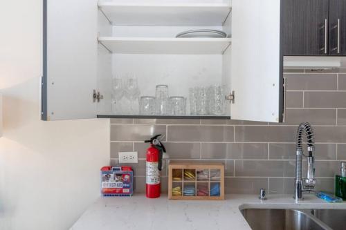a kitchen with a sink and a red fire extinguisher at McCormick Place 2b/2b with optional parking and gym for up to 6 guests in Chicago