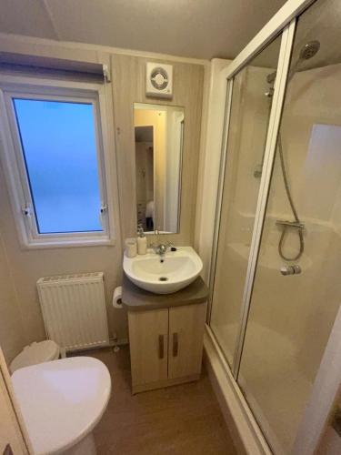a bathroom with a sink and a shower at Our Lodge at Newquay Bay NB35 in Newquay