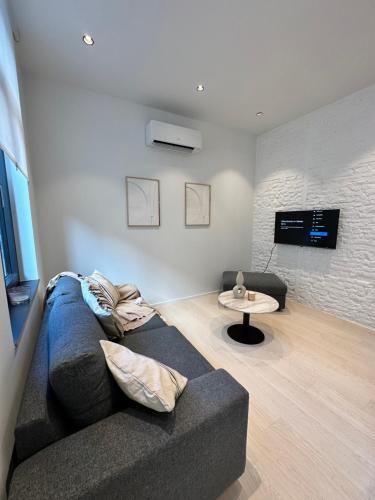 uma sala de estar com um sofá e uma televisão em Appartement lumineux hyper centre em Liège