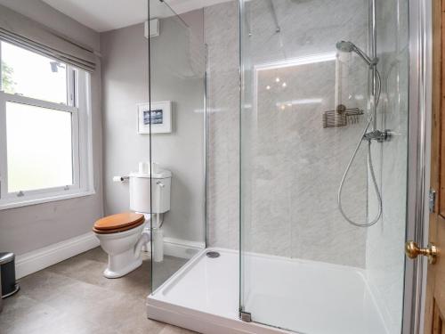 a bathroom with a shower and a toilet at Dales Cottage in Grassington