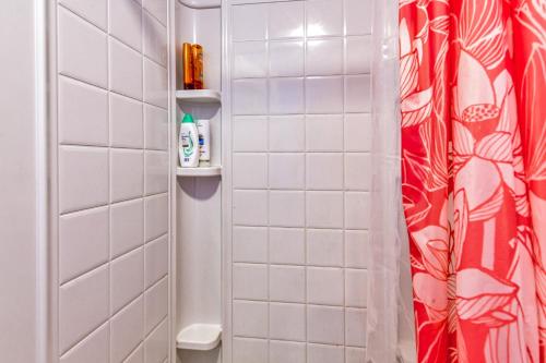 a bathroom with a shower with a red shower curtain at Tiny Blue Ridge Gem in Arden
