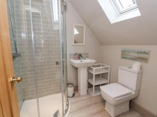 a bathroom with a shower and a toilet and a sink at The Dower House Cottage in Carthorpe