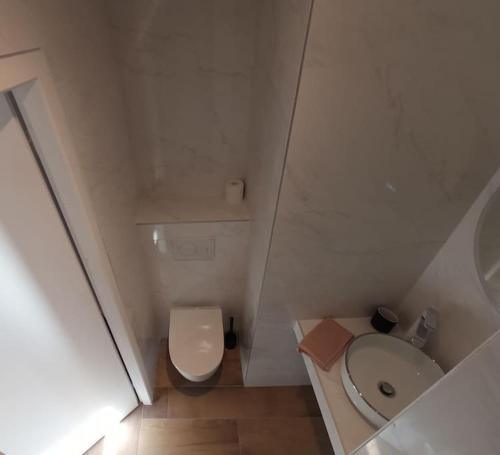- une petite salle de bains blanche avec toilettes et lavabo dans l'établissement Le Sasha, à Chamonix-Mont-Blanc
