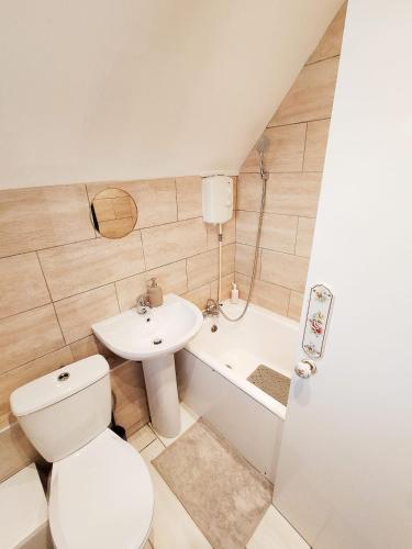 a bathroom with a toilet and a sink and a tub at EEE Homes Dudley, a retro expression in Lower Gornal