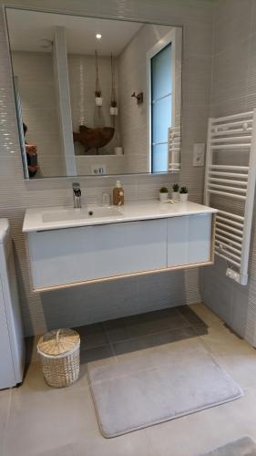 La salle de bains est pourvue d'un lavabo et d'un miroir. dans l'établissement Au gré des marées, à Roscoff