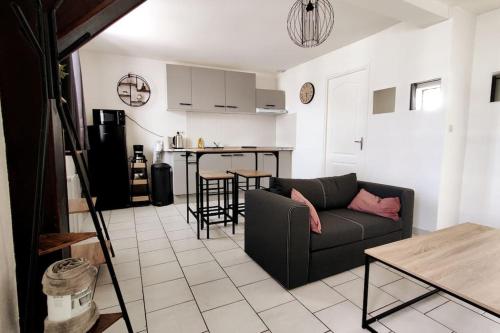 un salon avec un canapé et une cuisine dans l'établissement Appartement style industriel au centre de Douai, à Douai