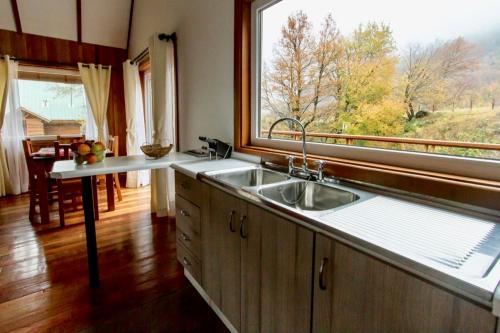 a kitchen with a sink and a large window at Chile Wild - Las Vertientes in Malalcahuello
