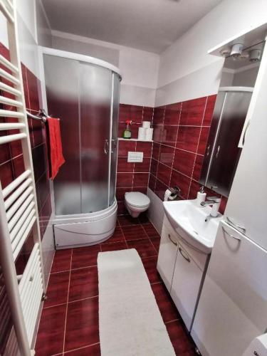 a red and white bathroom with a shower and a toilet at Apartments with parking space Seget Vranjica, Trogir - 16661 in Donji Seget