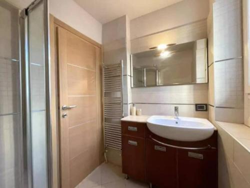 une salle de bain avec un lavabo, un miroir et une douche dans l'établissement Appartement Cannes centre ville pour congrès ou vacances à 5 min de la Croisette, plage, à Cannes