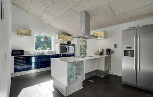 a large kitchen with blue cabinets and a stainless steel refrigerator at Cozy Home In Hals With Sauna in Hals