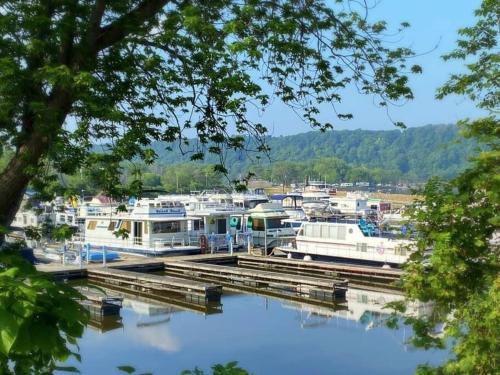 a bunch of boats parked in a marina at Floating Cottage on the River Nantucket in Savanna
