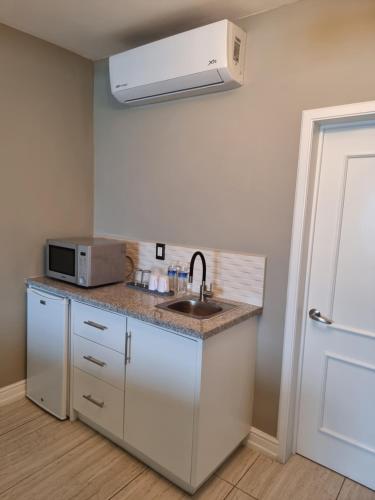 a kitchen with a sink and a microwave at Casa Escamela Suites privadas in Orizaba