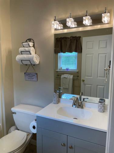 a bathroom with a sink and a toilet and a mirror at Spacious Pocono Home with Hot Tub and Fire Pit in Long Pond
