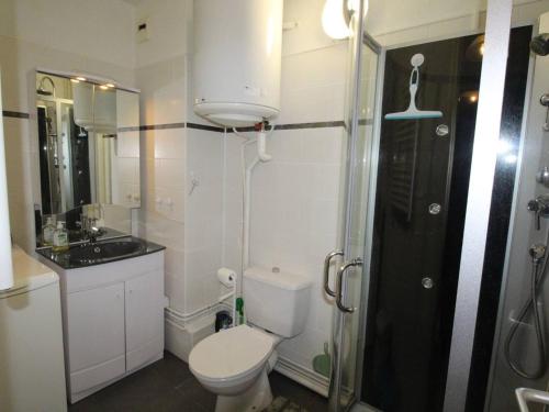 une salle de bain avec toilettes, lavabo et douche dans l'établissement Luchon T3 balcon sud, parking, petits animaux admis - FR-1-313-220, à Luchon
