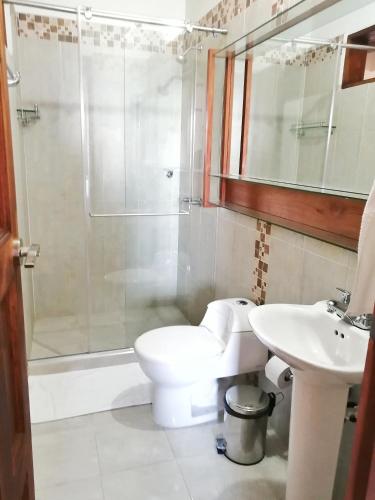 a bathroom with a toilet and a shower and a sink at CASA LLANO HIGUERAS in Barichara