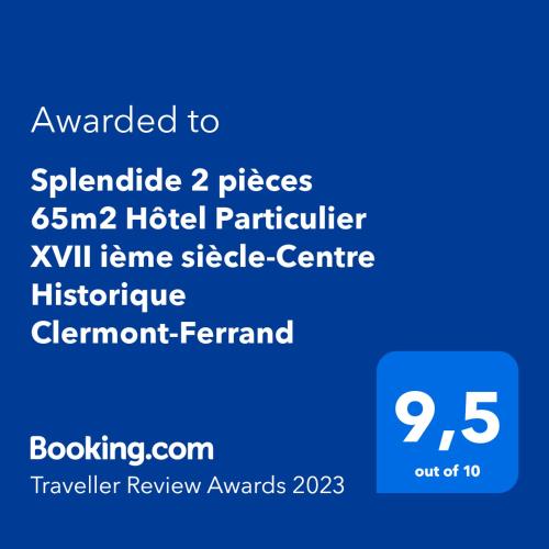 a screenshot of a phone screen with the words awarded to safeguard hotel at Luxueux 2 pièces 65m2 Hôtel Particulier XVII ième siècle-Centre Historique Clermont-Ferrand in Clermont-Ferrand