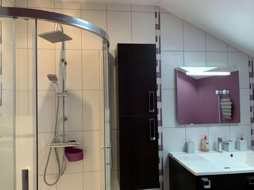 ein Bad mit einer Dusche und einem Waschbecken in der Unterkunft Maison Trégastel, 3 pièces, 3 personnes - FR-1-368-190 in Trégastel