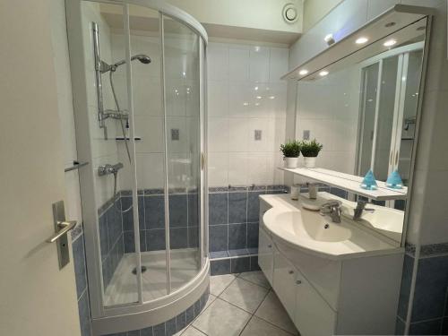 une salle de bain avec une douche, un lavabo et un miroir dans l'établissement Studio climatisé avec terrasse, piscine & parking, proche plage et port - Le Grau-du-Roi - FR-1-250-232, au Grau-du-Roi