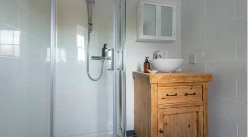 a bathroom with a shower with a sink and a sink at Fletchers Cottage in Honiton