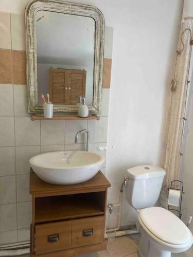 une salle de bain avec un lavabo, des toilettes et un miroir dans l'établissement Belle maison de charme La p’tite parenthèse, à Saint-Valery-sur-Somme