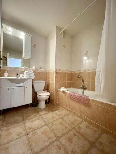 une salle de bain avec toilettes, baignoire et lavabo dans l'établissement U061 - Grand studio rénové - Vue montagne, à Gréolières
