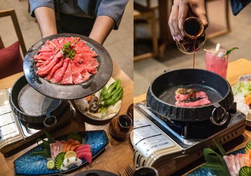 a person cooking food in a pan on a stove at Onsen at Moncham in Mae Rim
