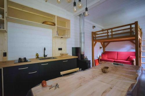 eine Küche mit einem Hochbett und einem roten Sofa in der Unterkunft Le chalet du bout du monde, en bord de rivière ! in Grez-sur-Loing
