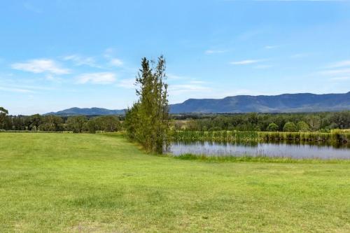 a tree in a field next to a lake at Silver Springs 6br Luxury Homestead in Rothbury