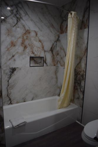 a marble bathroom with a shower curtain and a tub at Hyde Park Motel in Los Angeles