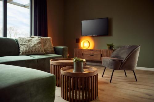 a living room with a couch and a tv at Hofparken De Bergvennen in Lattrop