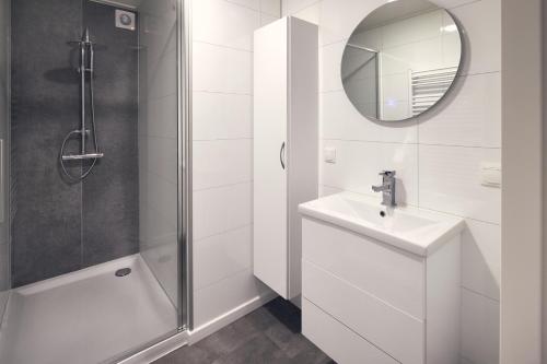 a bathroom with a shower and a sink and a mirror at Hofparken De Bergvennen in Lattrop