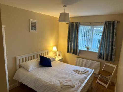 ein Schlafzimmer mit einem Bett mit einem blauen Kissen und einem Fenster in der Unterkunft 18 The Mullins in Donegal