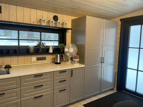 a kitchen with white cabinets and a refrigerator at Ieviņi atpūtas vieta in Bānūži