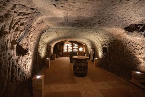 a cave with a wine barrel in the middle of a tunnel at Wallseerhof in Wallsee
