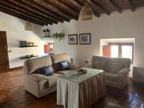 ein Wohnzimmer mit einem Sofa und einem Tisch in der Unterkunft Apartamentos San José in Zafra