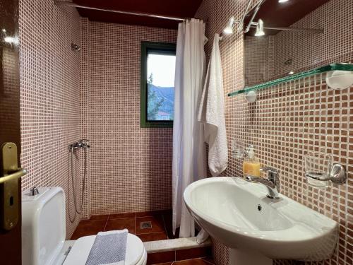 a bathroom with a sink and a toilet and a window at Villa Atlantis in Katelios