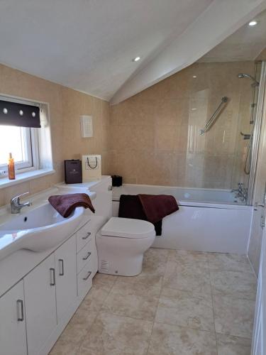 a bathroom with a toilet and a tub and a sink at Executive Central Apartment - AR in Southport