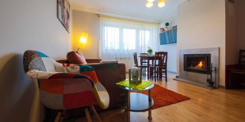 a living room with a person sitting on a couch and a fireplace at Apartament Premium 608-593-000 in Białka Tatrzańska