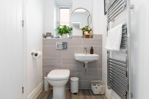 a small bathroom with a toilet and a sink at Detached house with Netflix, gym, garden, BBQ, coffee and more in Tile Hill